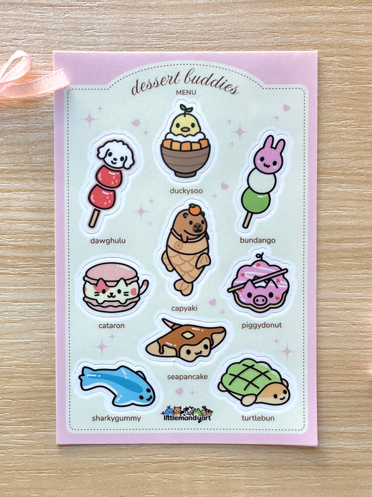 Sticker sheet with cute food-themed characters on a pink background. Featuring Dawghulu, Duckysoo, Bundango, Cataron, Capyaki, Piggydonut, Seapancake, Sharkygummy, and Turtlebun.